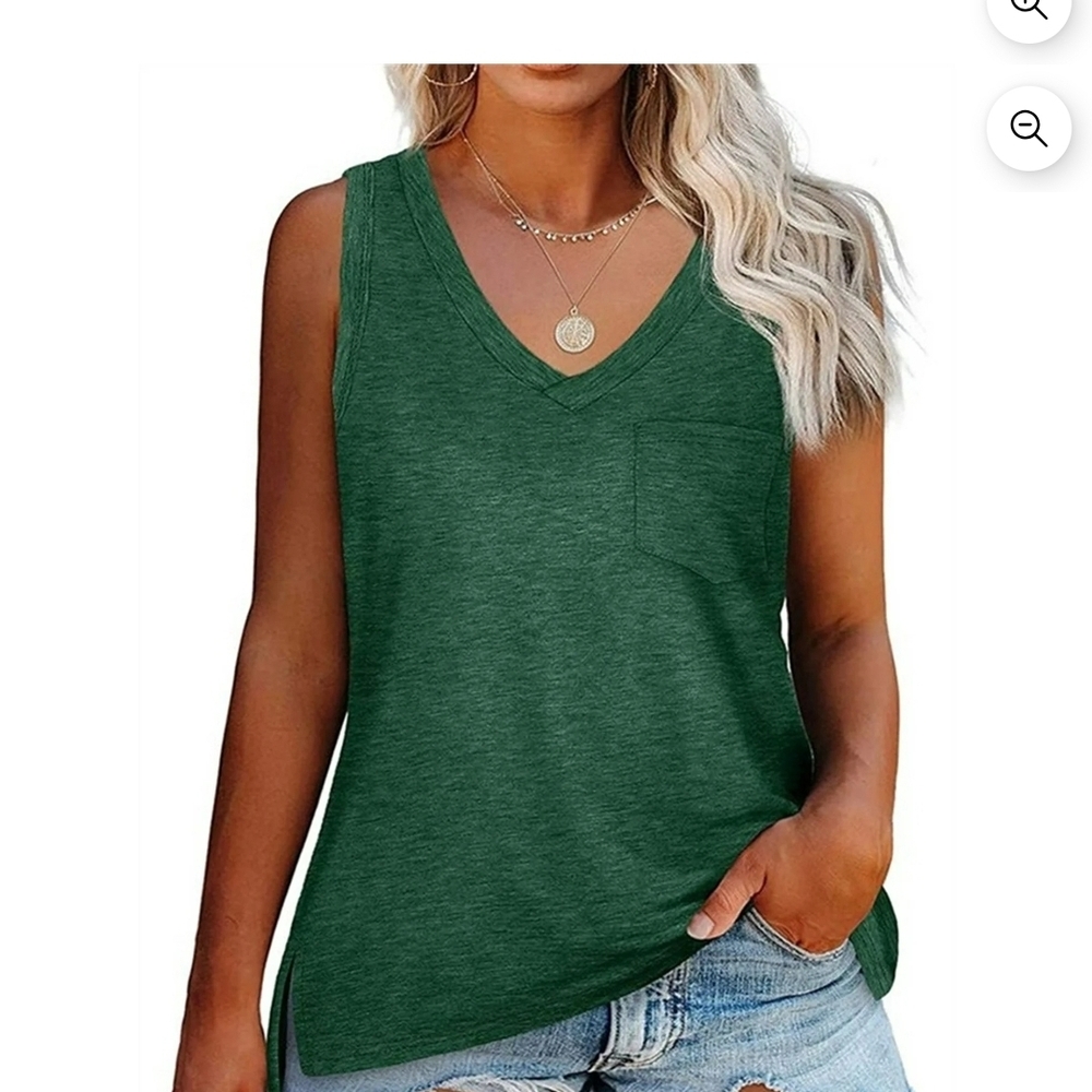 Women's V Neck Tank Tops Green Sleeveless De Split Loose Fit Tops With Pocket L